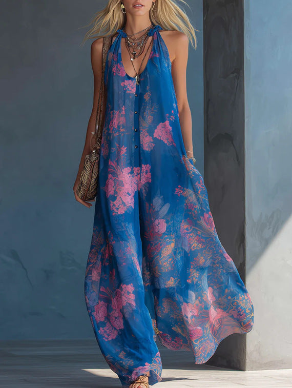 Floral Print Halter Chiffon Maxi Dress