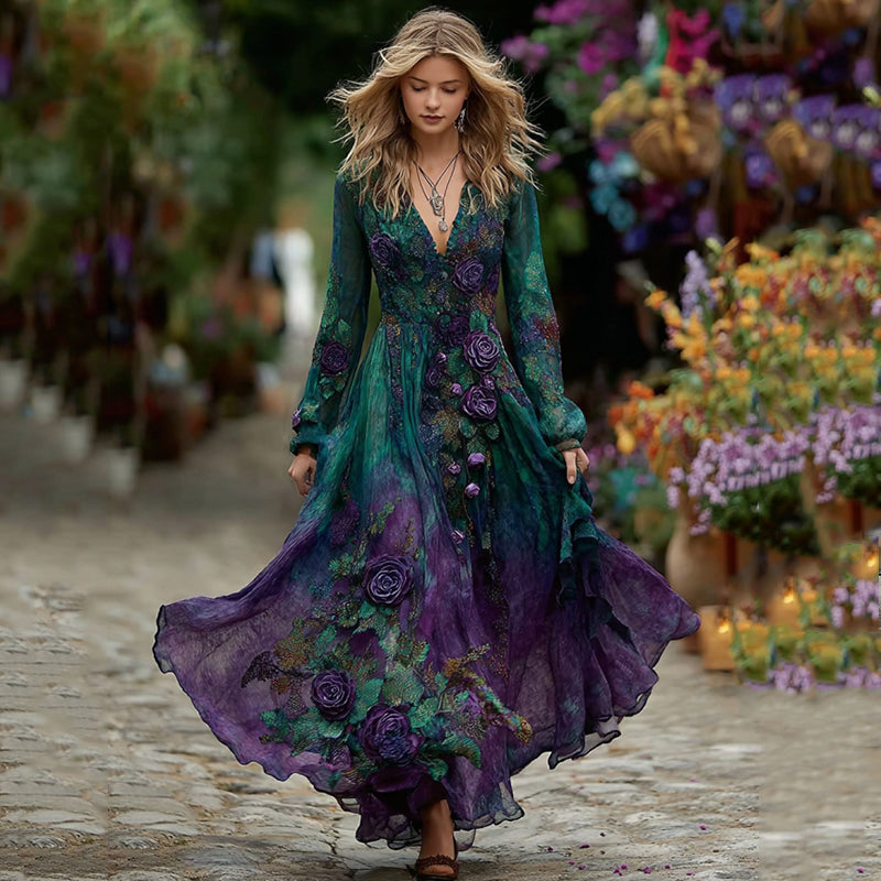 Women's Vintage Purple Rose Gradient Art Long Sleeve Dress