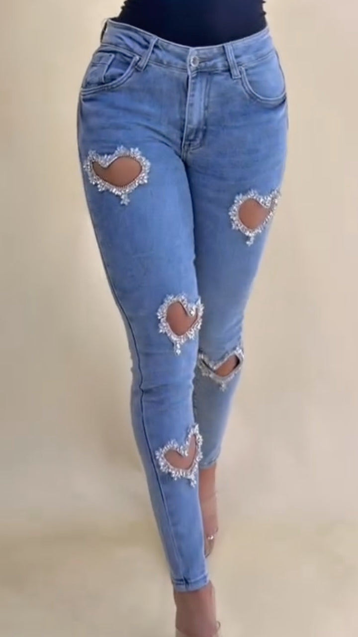 Light Blue Heart-Shaped Rhinestone Cutout Skinny Jeanss