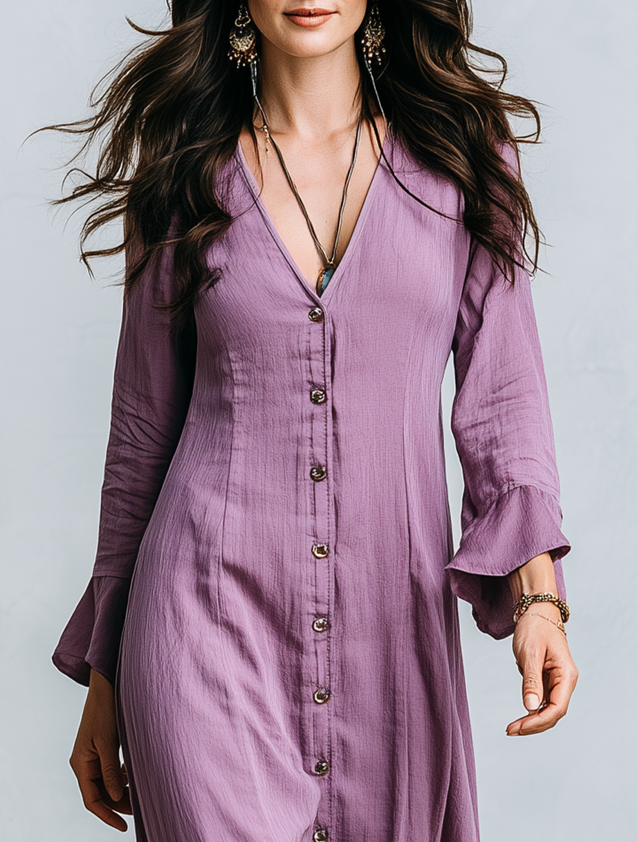 Romantic Purple Button Front V-Neck Long Sleeve Maxi Dress