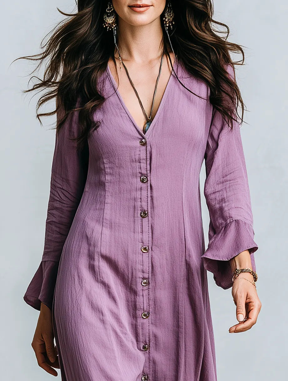 Romantic Purple Button Front V-Neck Long Sleeve Maxi Dress