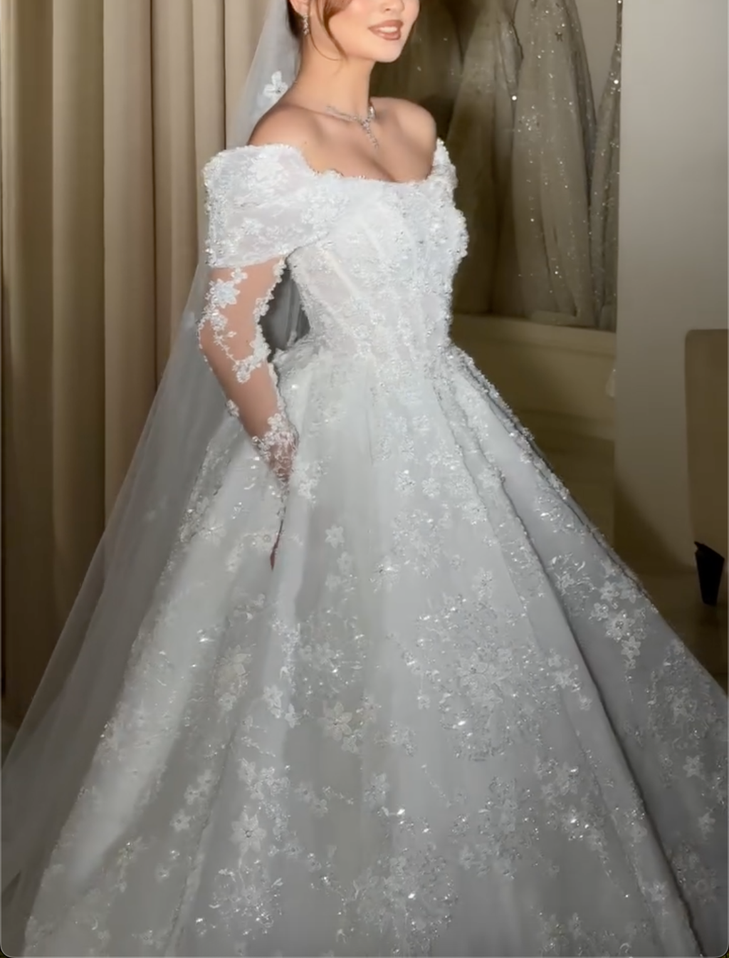White Lace Off-Shoulder Long Sleeve Ball Gown Wedding Dress