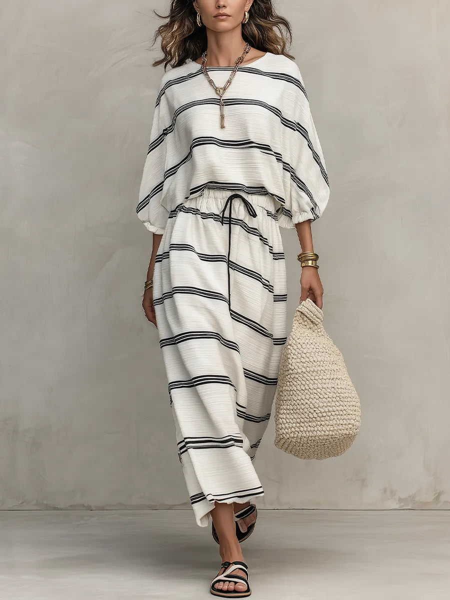 Casual Black And White Striped Skirt Suit