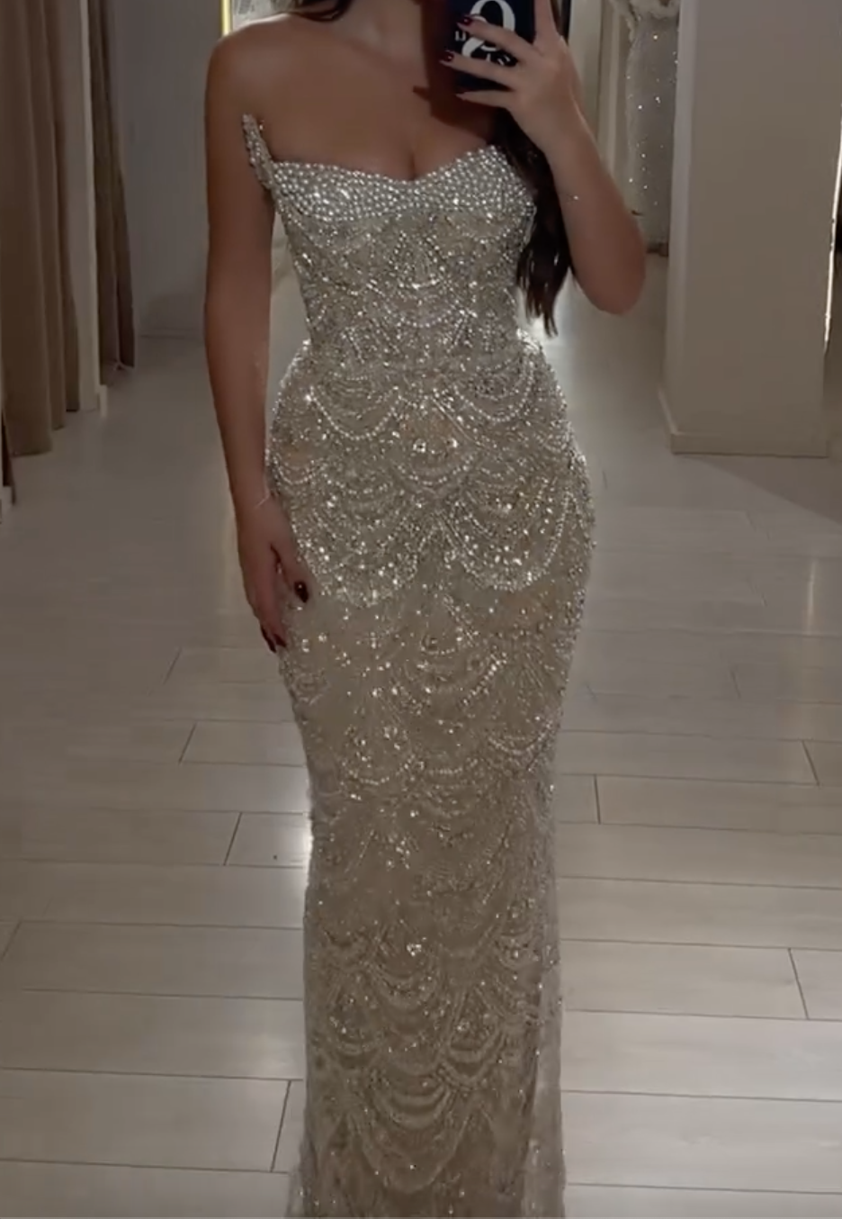 Silver Beaded One-Shoulder Maxi Dress with Mermaid Silhouette