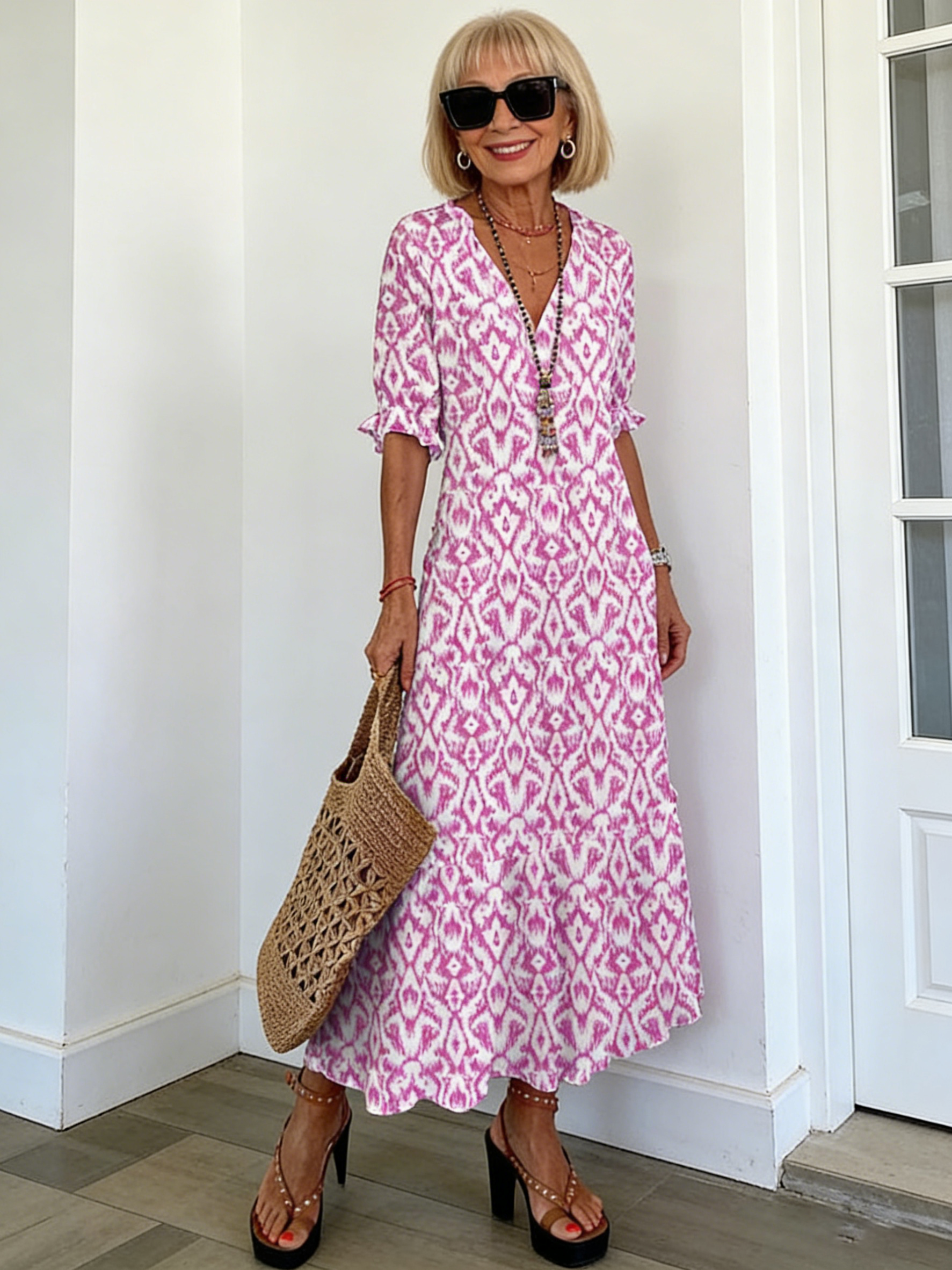 Half Sleeve Floral Print Summer Fall V Neck Casual Geometric Printed Dress
