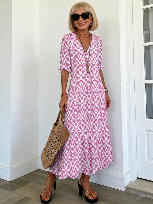 Half Sleeve Floral Print Summer Fall V Neck Casual Geometric Printed Dress