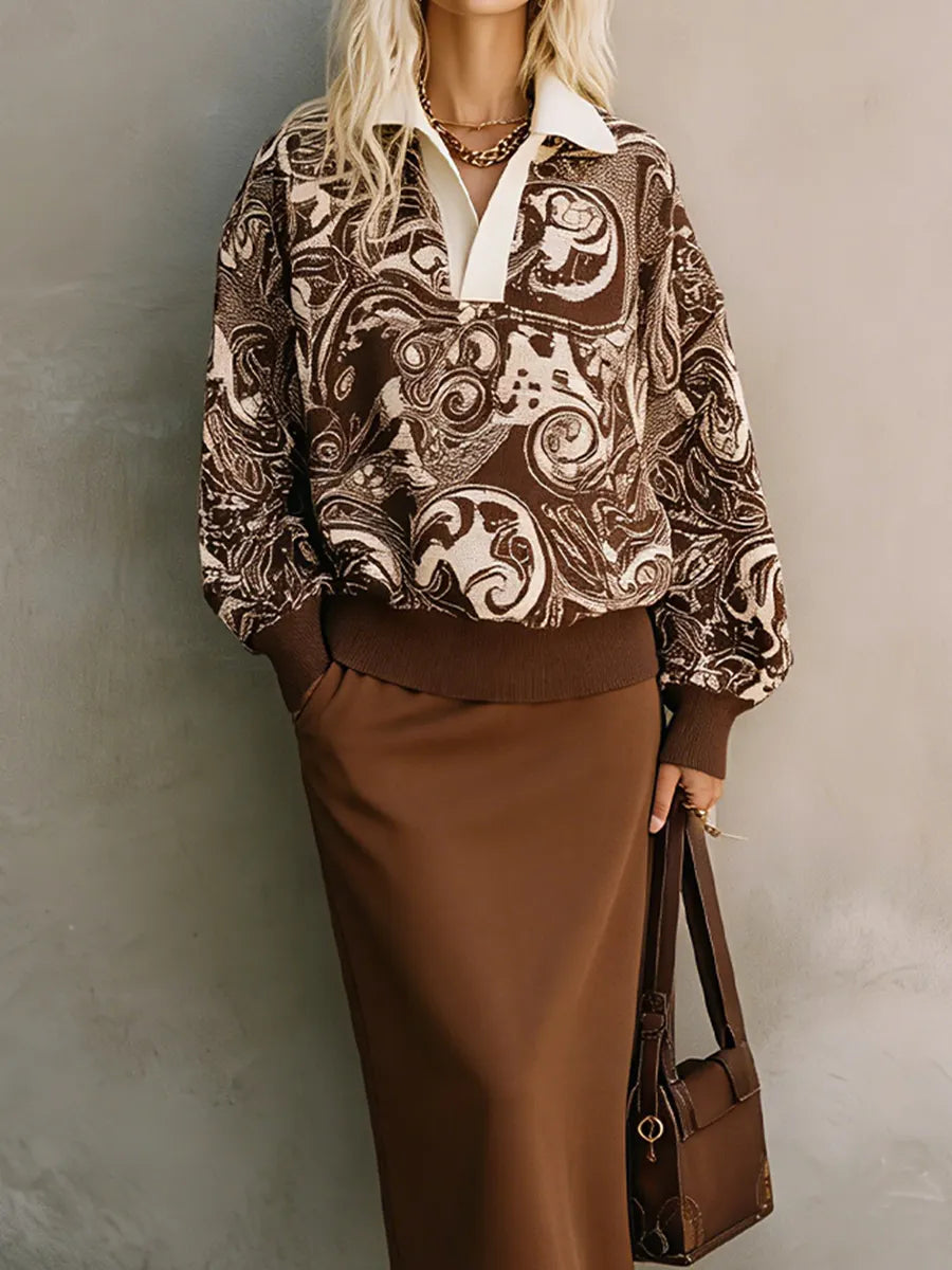 Vintage Luxe Baroque Pullover & Brown Midi Skirt Set