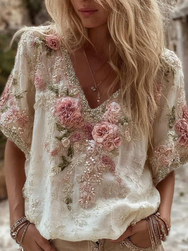 Women's Pink Rose Embroidery Art V-neck Short Sleeve Linen Blend T-shirt