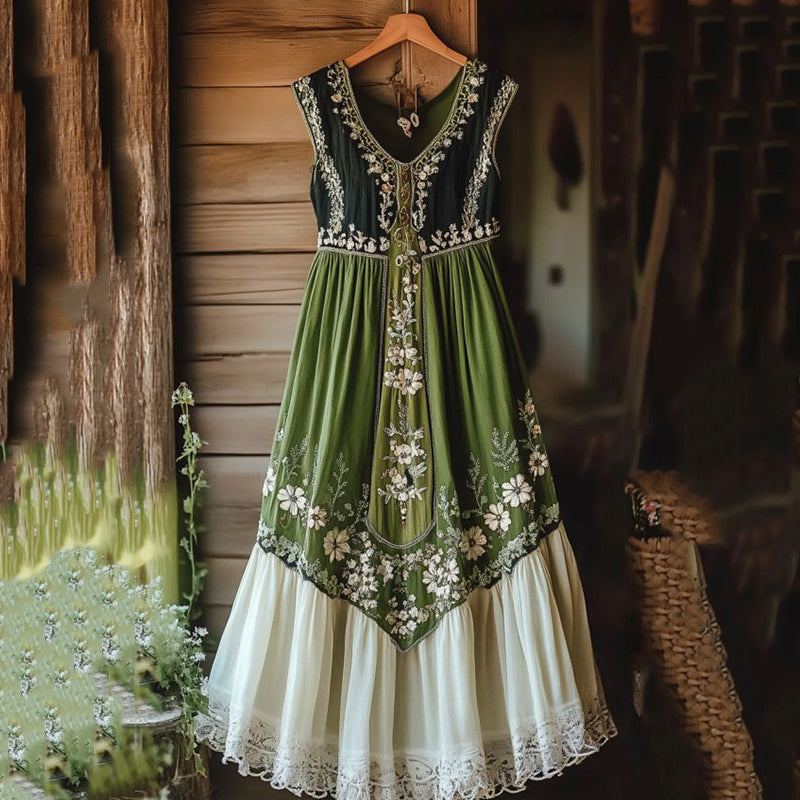 Vintage Tribal Embroidered Floral Art Linen Maxi Dress