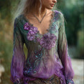 Boho Purple Flowers Lace Gradient Flowy Linen Tunic