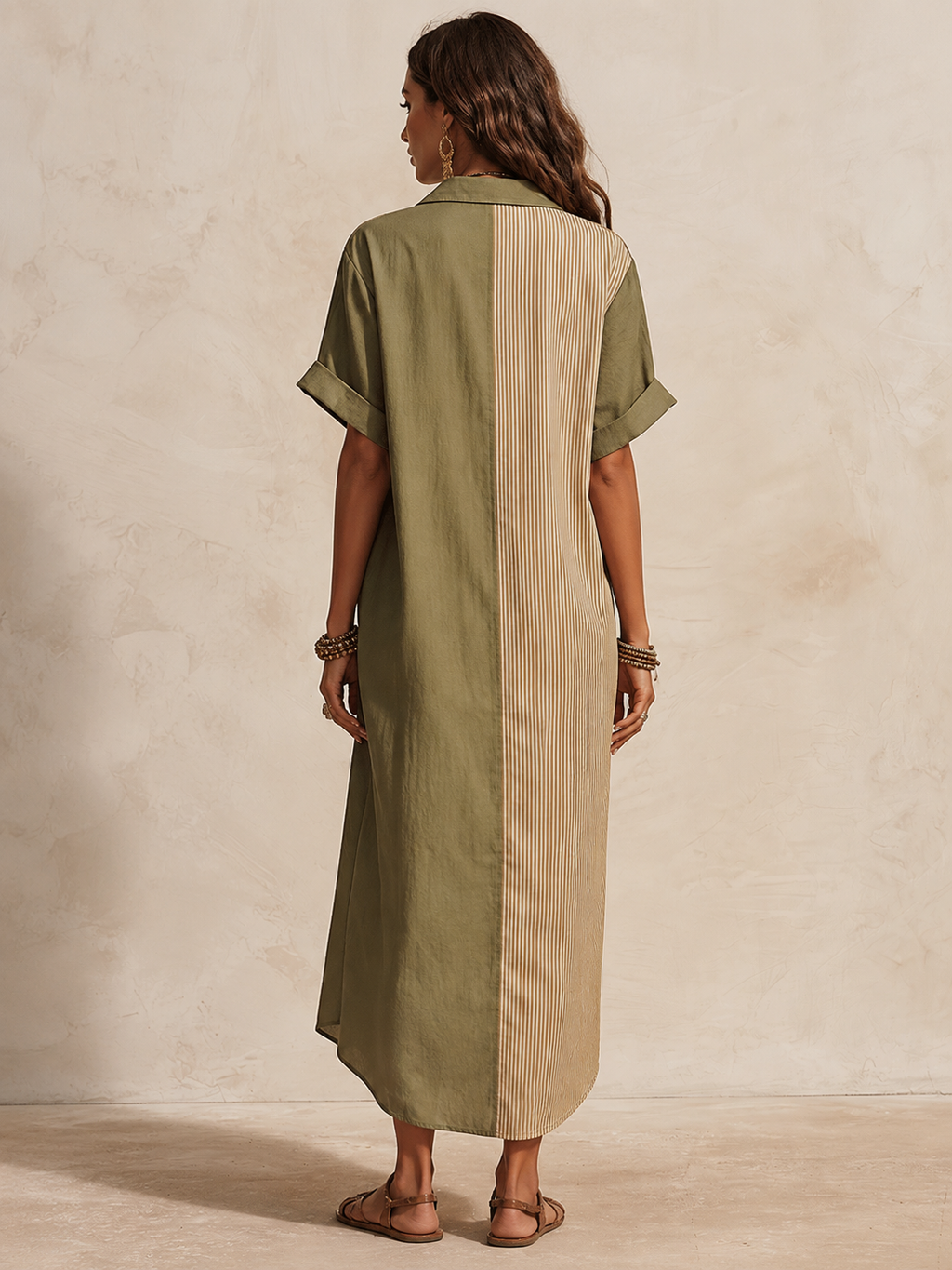 Effortless Coastal Elegance Olive & Sand Patchwork Button-Front Maxi Dress