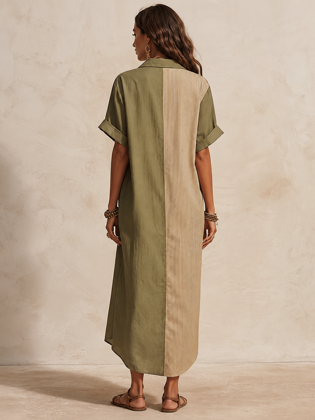 Effortless Coastal Elegance Olive & Sand Patchwork Button-Front Maxi Dress