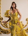 Risiola Yellow Dress with Beads and Feathers