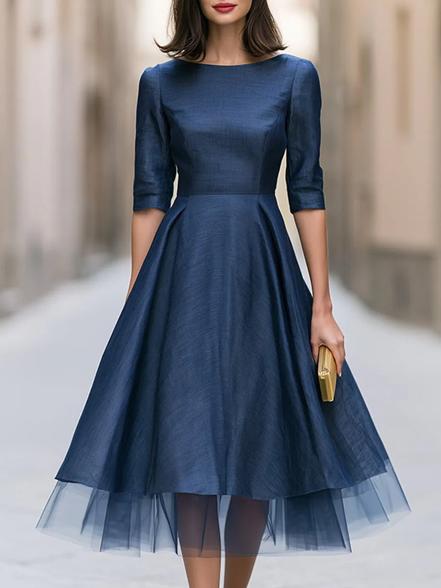 Tulle Hem Bateau Neck A-Line Midi Dress