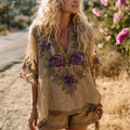 Women's Vintage Purple Flower Embroidery Art Linen T-shirt