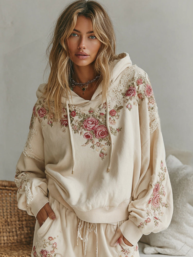 Women's Rose Embroidery Art Cozy Hooded Sweatshirt