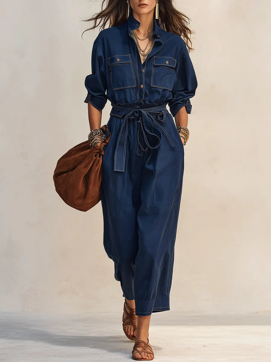 Relaxed Soft Denim Utility Set: Indigo Button-Front Shirt And Cropped Pants