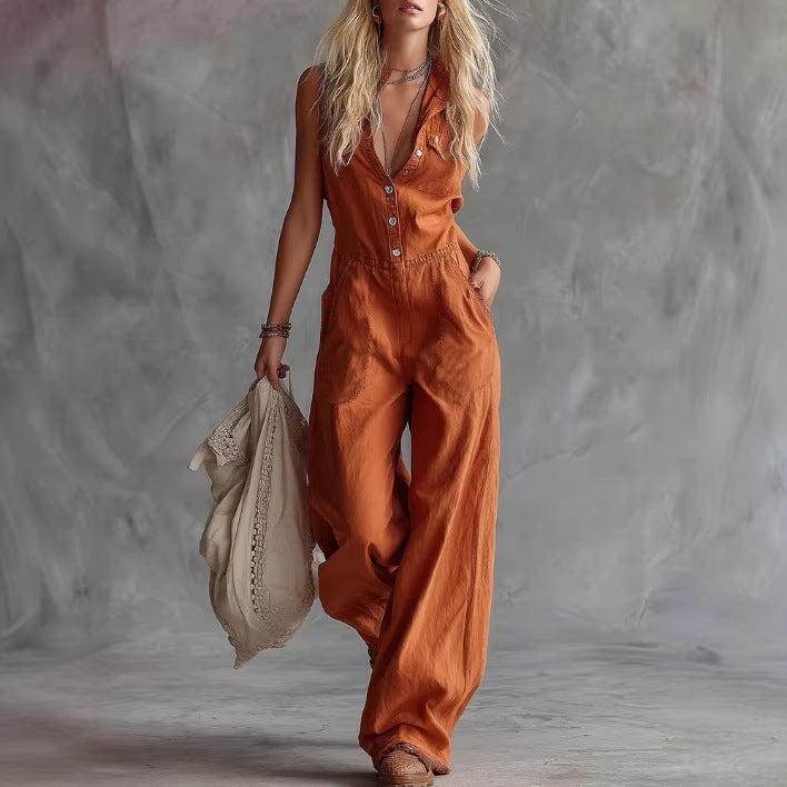 Effortless Boho Linen Jumpsuit: Breathable High-Waist Utility One-Piece for Summer