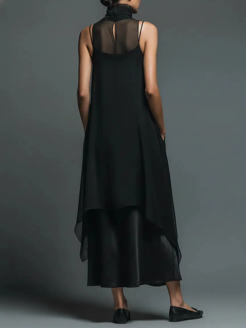Gurtons Avant-Garde 2-Piece Set - Sheer Mesh Layered Chiffon Maxi Dress in Midnight Black