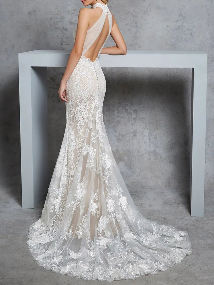 Halter-Neck Lace Hollow Backless Mermaid White Wedding Maxi Dress