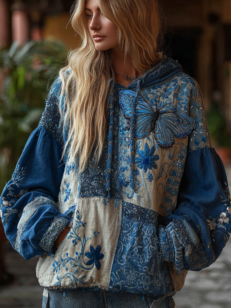 Women's Bohemian Style Patchwork Plant-dyed Embroidery Floral Butterfly Hoodie