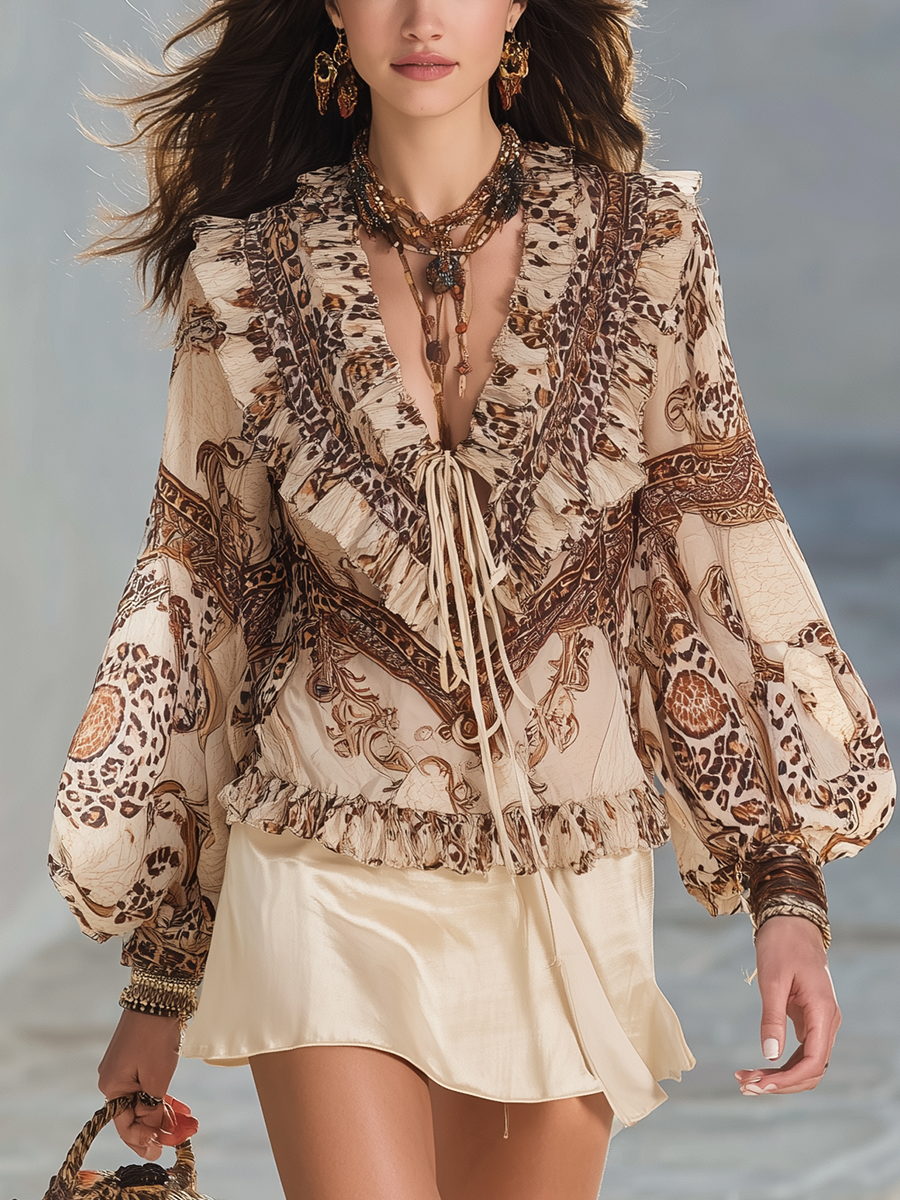 French Style Elegant Leopard Print Ruffled Top