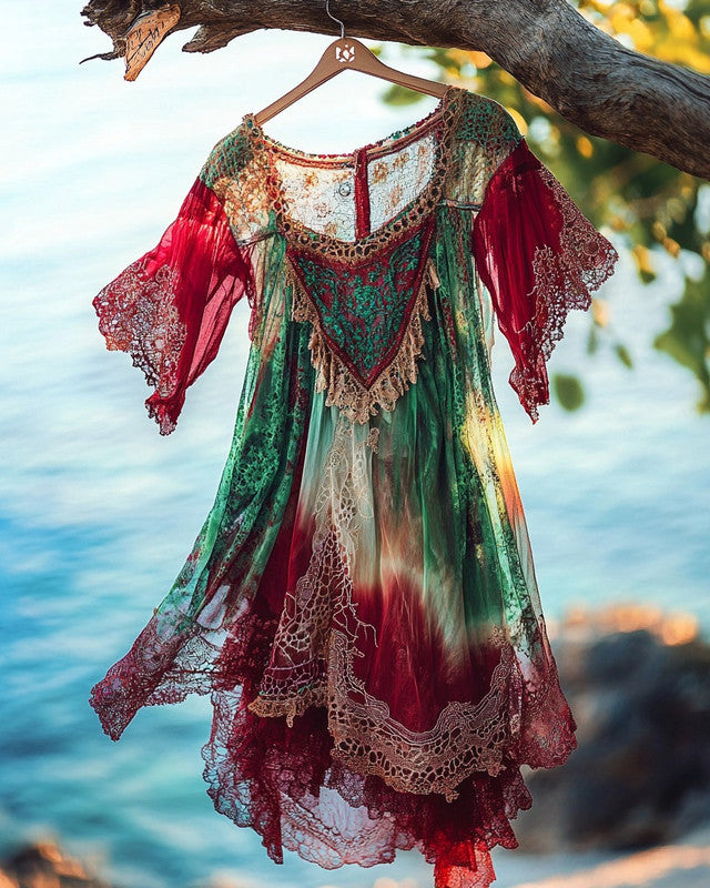 Summer Holiday Ruffle Lace Color Contrast Dress 13c2