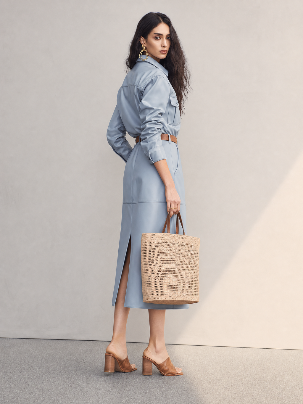 Modern Powder Blue Utility Shirt Midi Dress