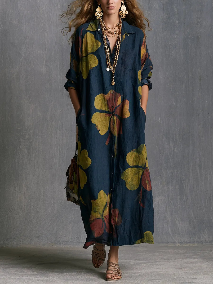 Bohemian Navy Blue Printed Shirt Dress