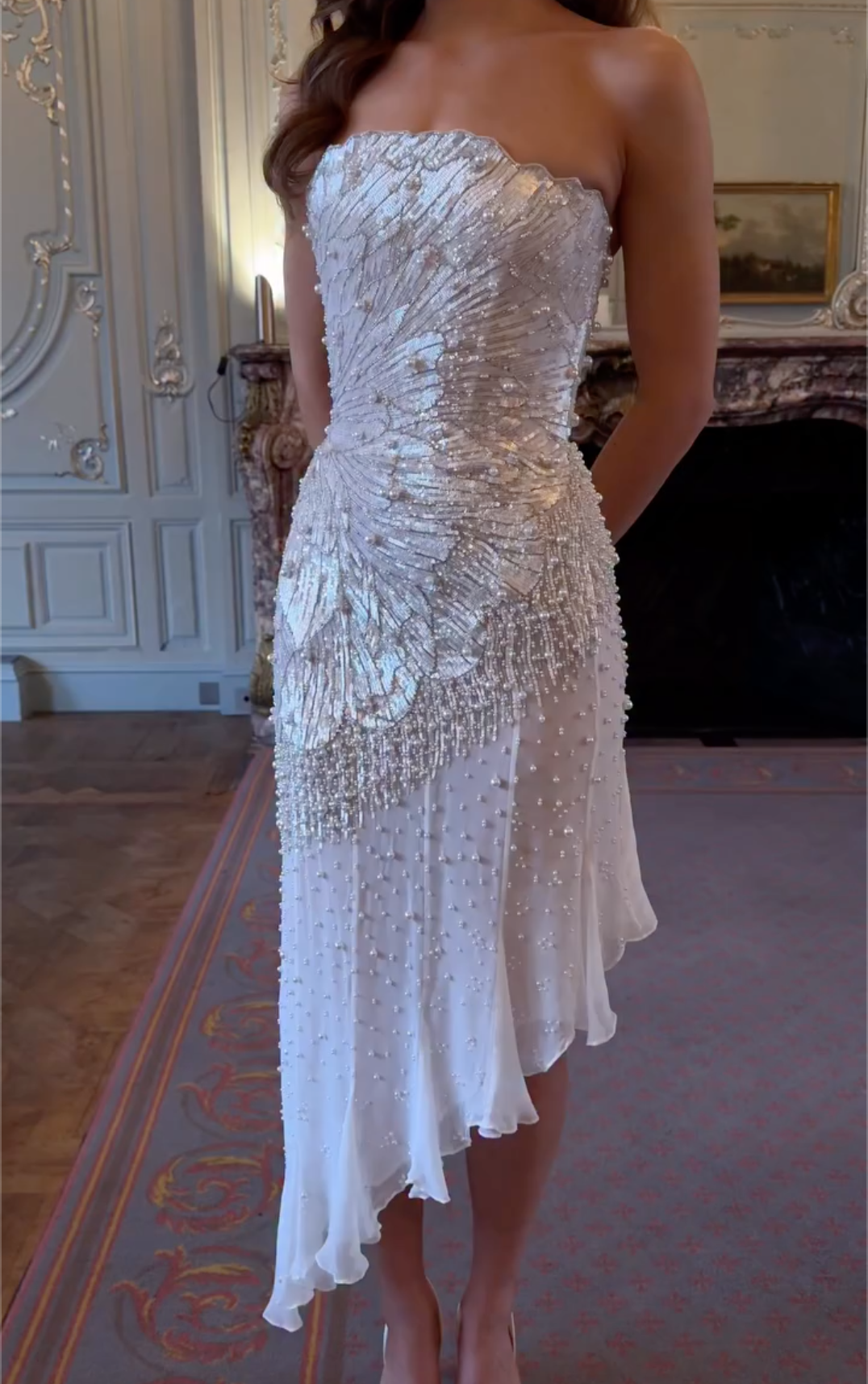 White Strapless Midi Dress with Pearl & Sequin Fan Embroidery