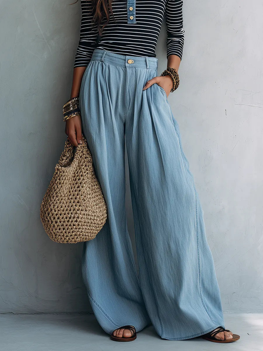 Modern Bohemian Henley Stripe Tee & Chambray Wide Leg Pants Set