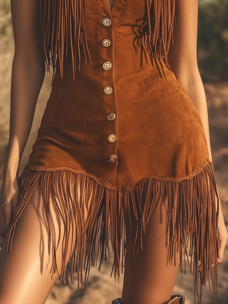 [24-hour shipping out]Western Vintage Brown Suede Fringe Sleeveless Mini Dress