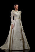 Long sleeves brocade wedding dress with flowers