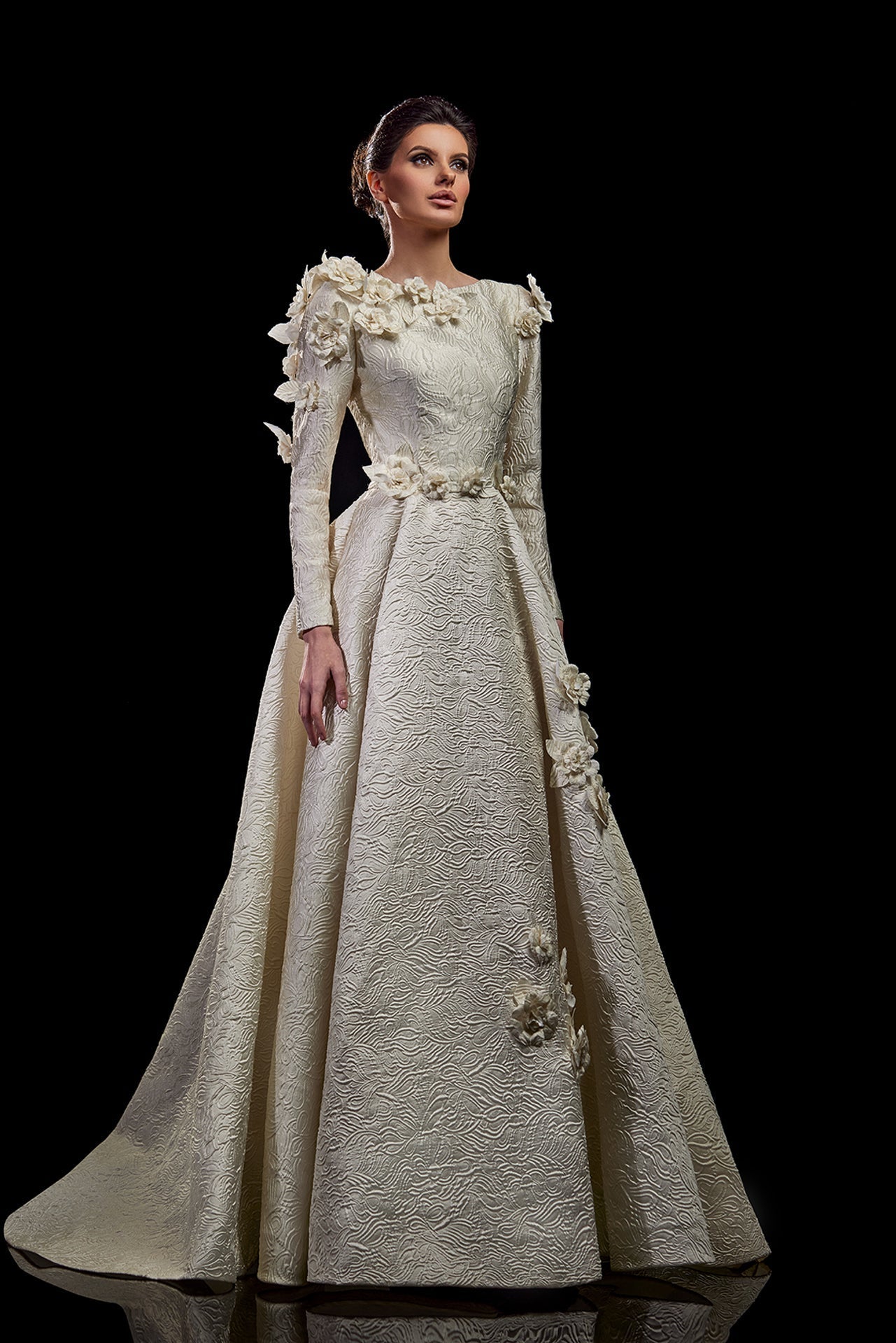 Long sleeves brocade wedding dress with flowers