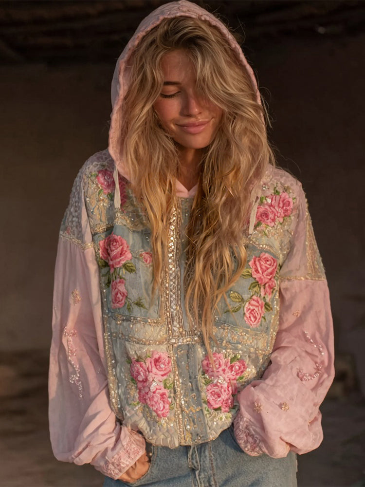 Women's Pink Rose Embroidered Denim Patchwork Hooded Sweatshirt
