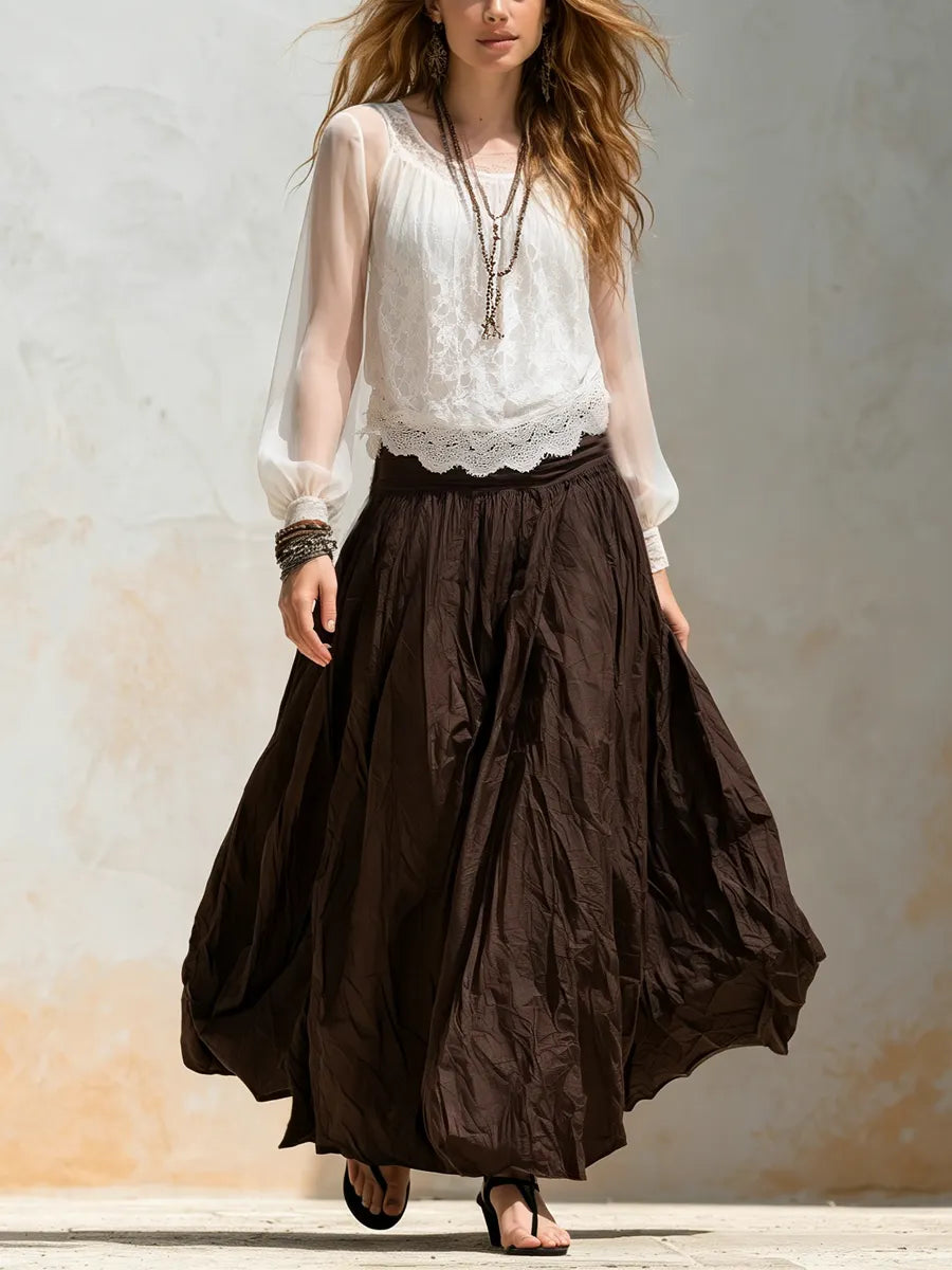 Bohemian Lace Chiffon Top And Brown Skirt Set