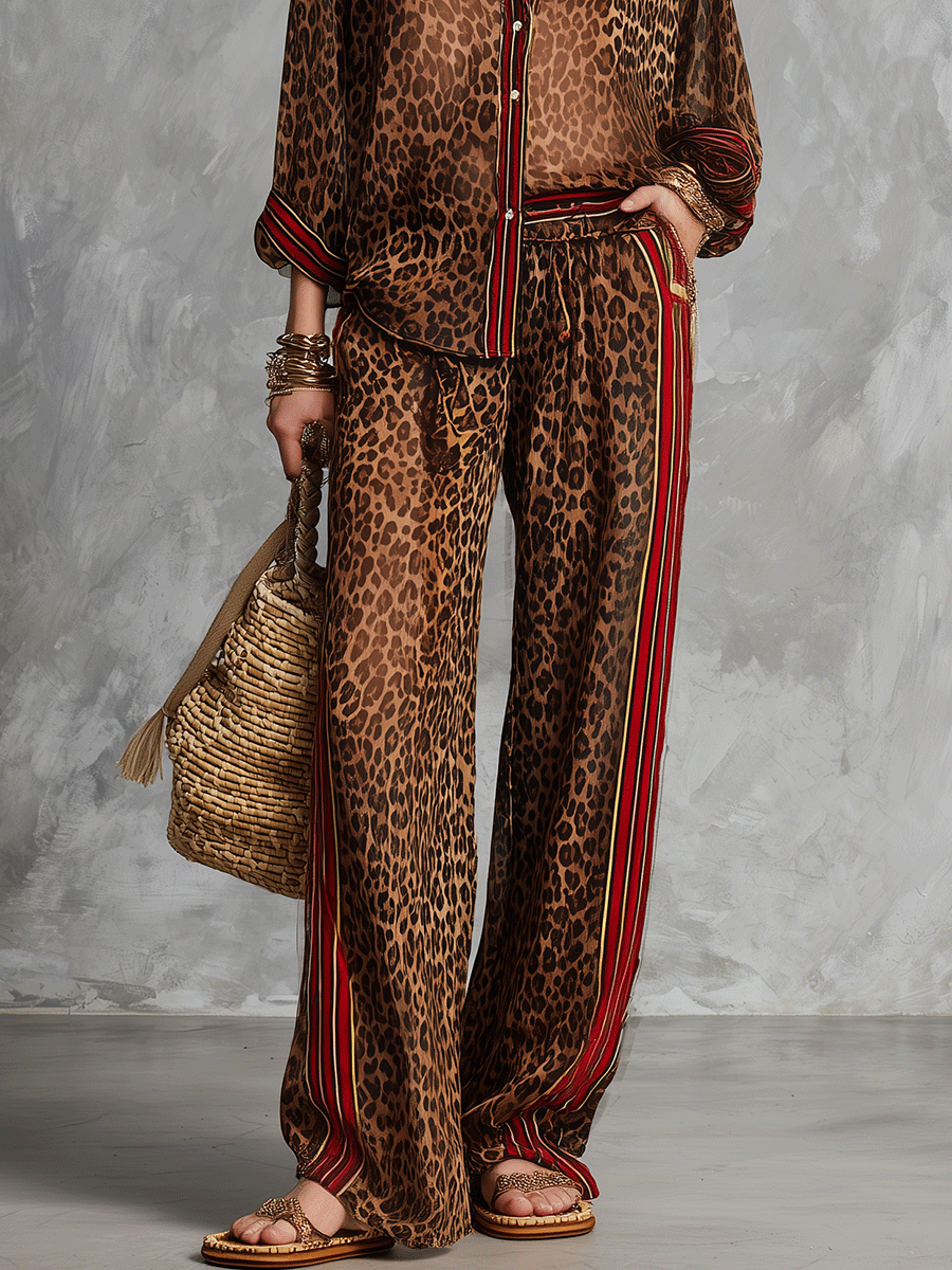 Glam Vacation Sheer Leopard Red-Trim Collared Brown Shirt & Trouser Set