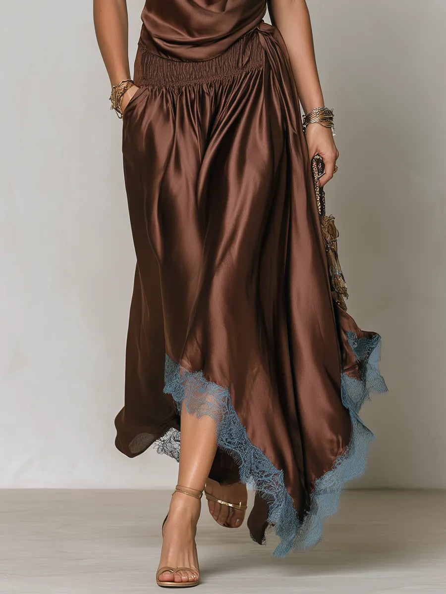 Bohemian Style Draped Neck Top And Lace Skirt Set