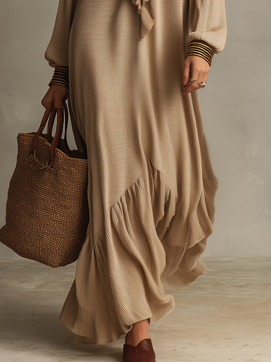 Graceful Beige Cascading Ruffle Maxi Dress