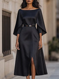 Cape-Sleeve Boat Neck Midi Dress