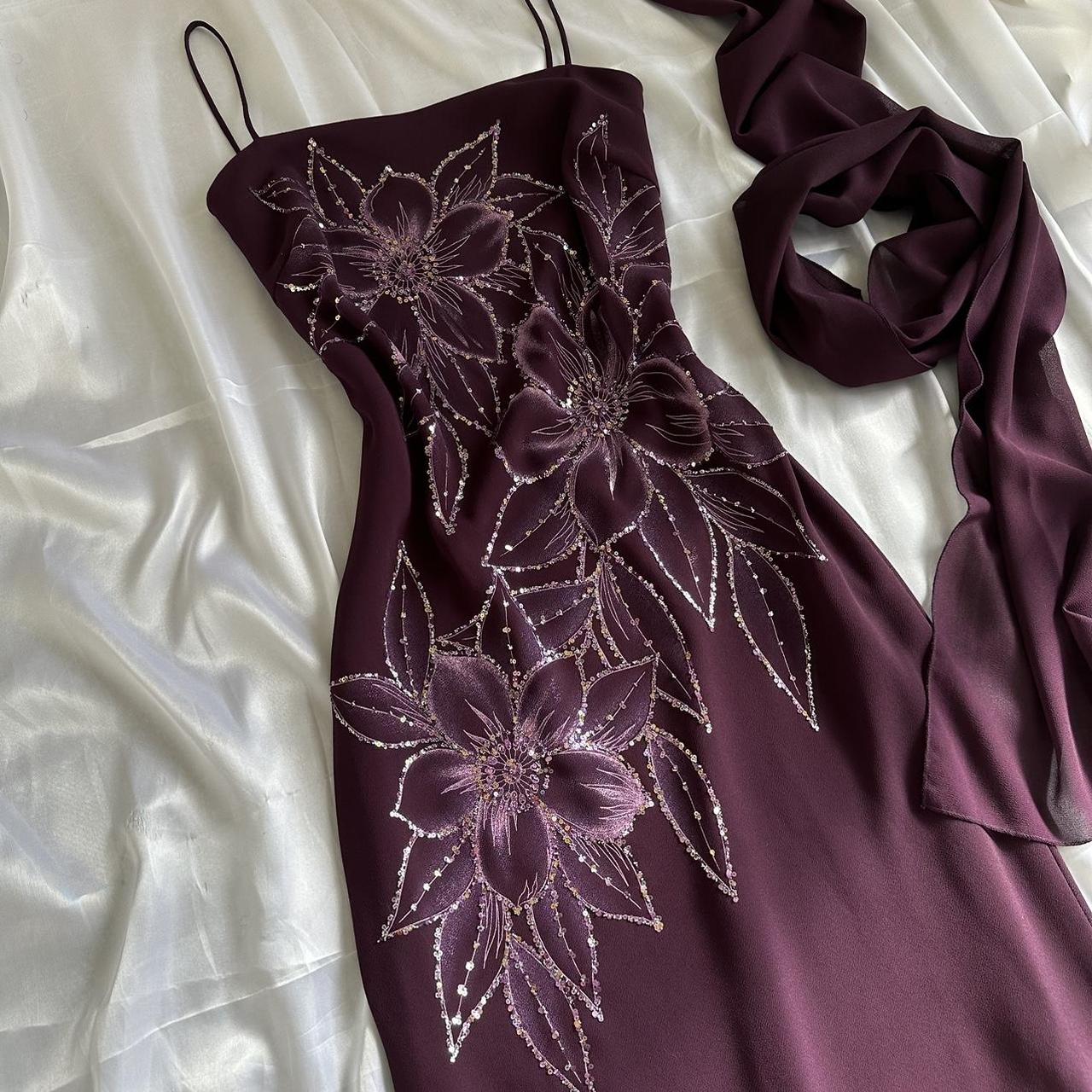 🍇✨ Deep Plum Purple Beautiful Beautiful Vintage Gorgeous Fashion Elegant Delicate Floral Beaded Long beaded Chiffon Flowing Ball Gown Evening Gown Birthday Wedding Guest Party Dress Prom Gown Mother of the Bride Gown
