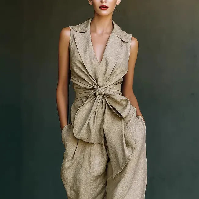 Gurtons Elegant Knot-Waist Sleeveless Jumpsuit - Tailored V-Neck Wide Leg One-Piece