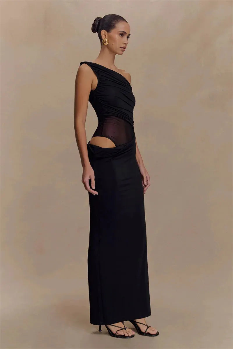 Marcelle One Shoulder Ruched Mesh Cut Out Maxi Dress – Black or Sage Green Summer Bodycon Gown