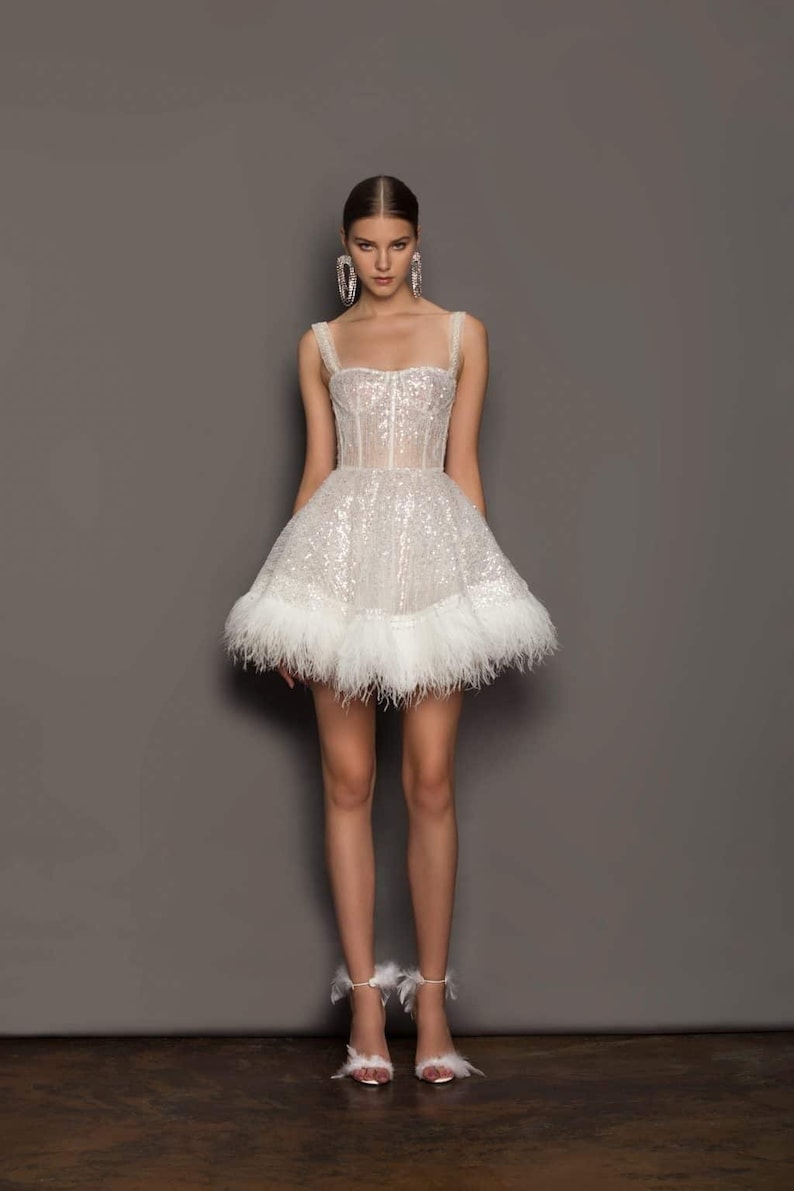 Sexy short A-line wedding dress with feathers. Wedding dress with sequin lace. Custom wedding dress, tailored to the bride's measurements.