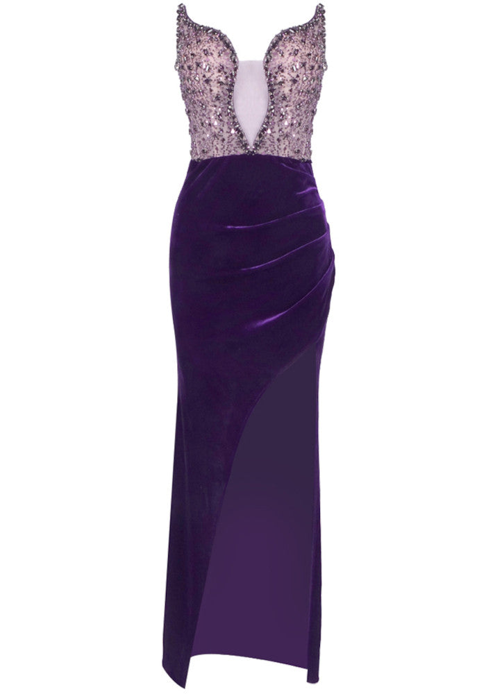 Strapless Crystal Maxi Velvet Dress Purple