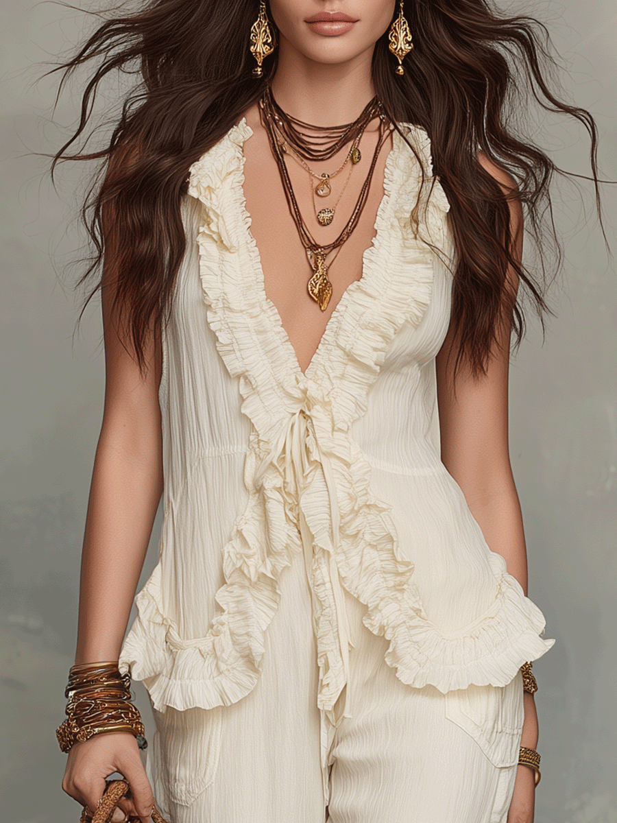 Effortless Boho Ivory Ruffle Tie-Front Top