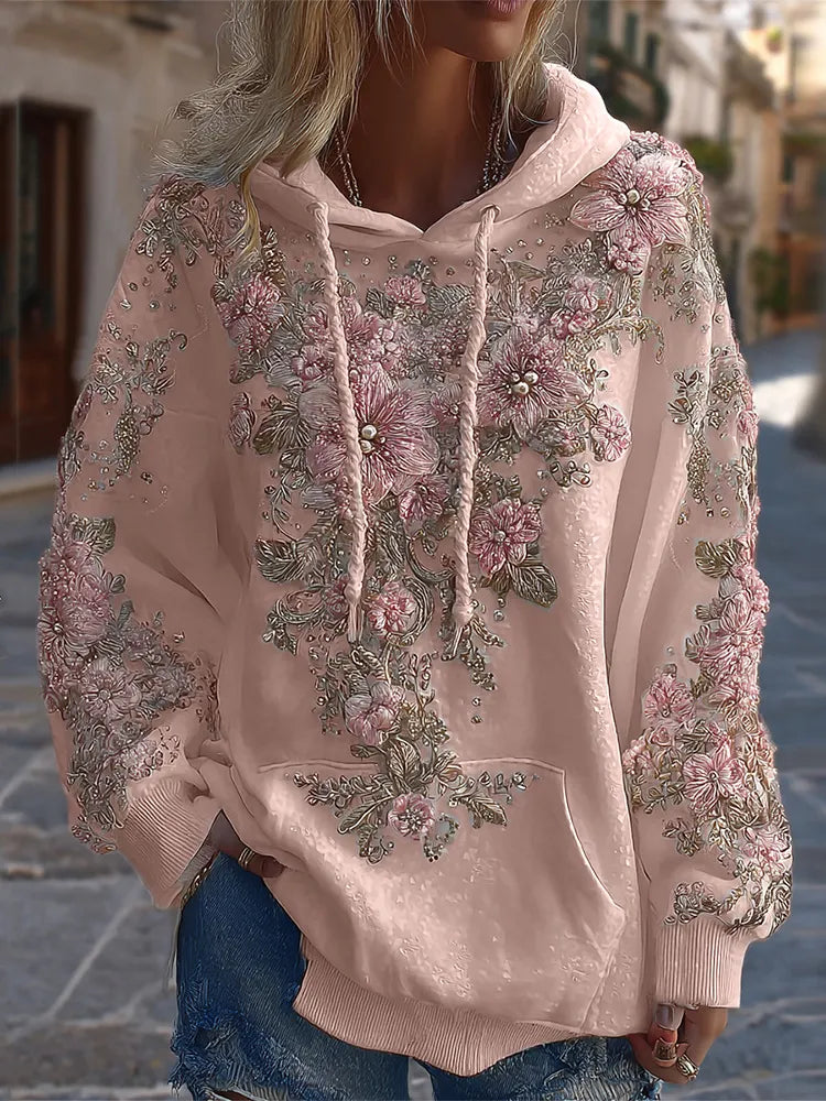 Women's Classic Floral Embroidery Art Comfy Hoodie