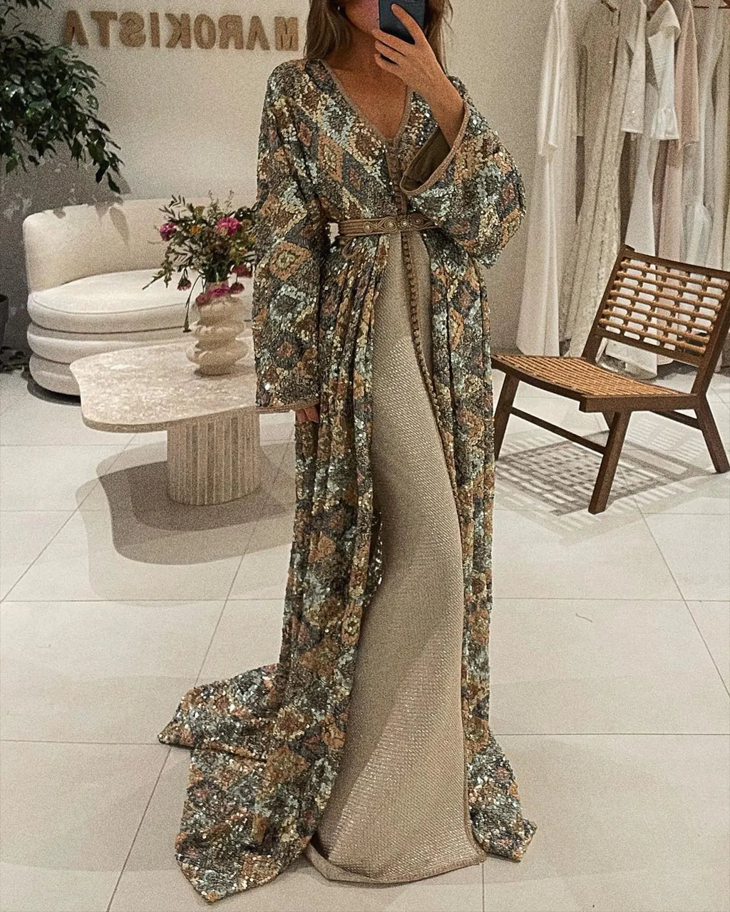 Women's V-neck slit sequined Dress