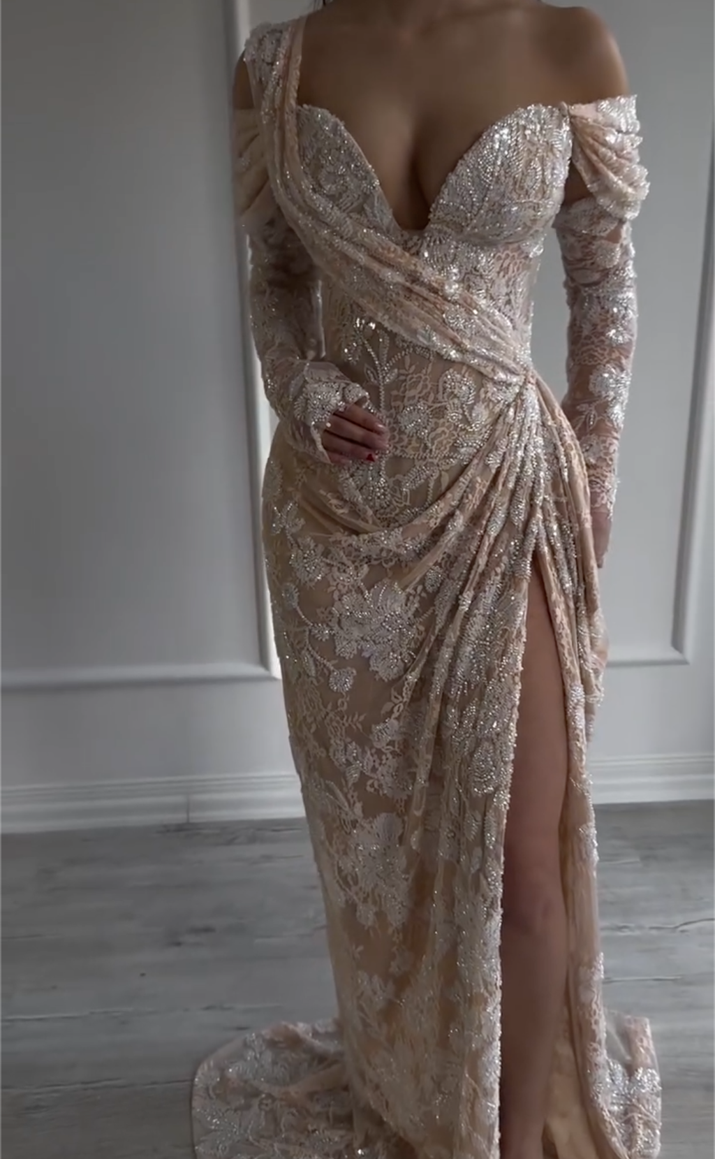 Nude Lace Rhinestone Long Sleeve Off-Shoulder Mermaid Wedding Dress