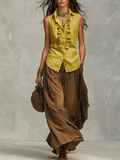 Bohemian Resort Ruffle Sleeveless Olive Satin Blouse & Flowing Wide-Leg Pants Set